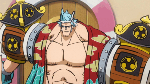 franky from one piece is standing in front of a pink door