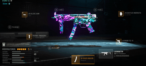 a video game screen shows a gun with a purple and green camo design