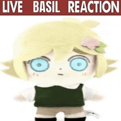 a stuffed animal with blue eyes and a flower in his hair is standing in front of a sign that says `` live basil reaction '' .