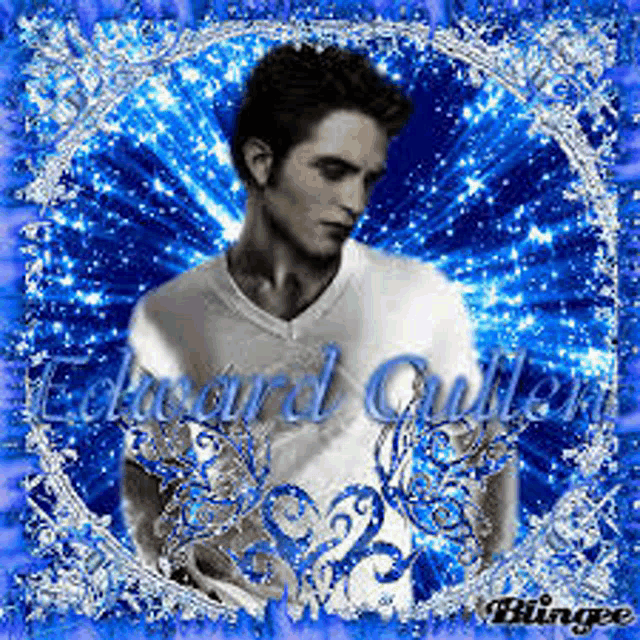 a black and white photo of edward cullen with a blue background .