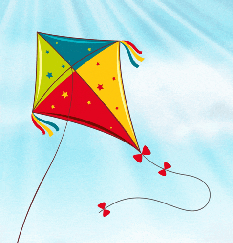 a colorful kite with stars on it is flying in the air