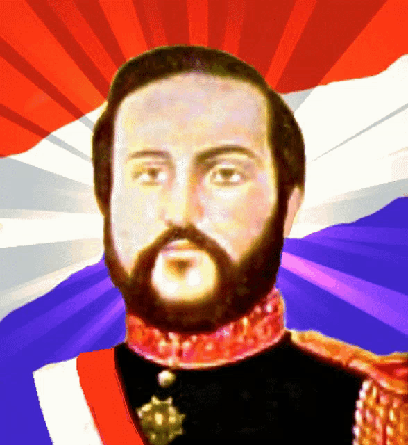 a painting of a man with a beard in front of a red white and blue background