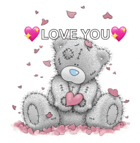 a teddy bear holding a pink heart with the words love you