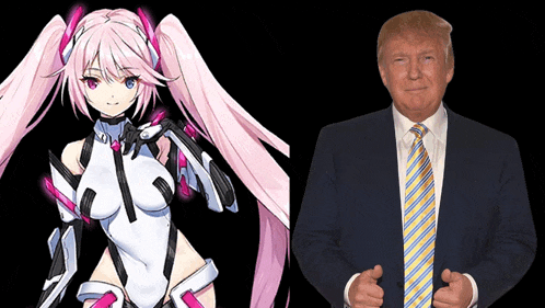 a man in a suit and tie is standing next to a girl with pink hair