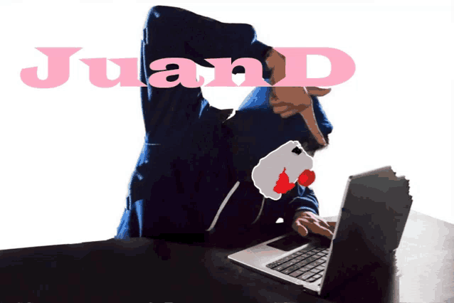 a person sitting at a desk with a laptop and the word juand written on the top