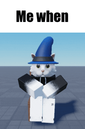 a white cat wearing a blue hat and black pants with the words me when below it