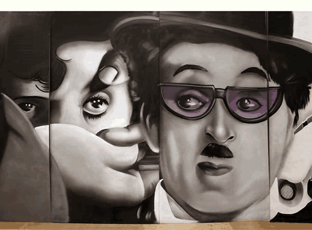 a painting of a man wearing purple glasses