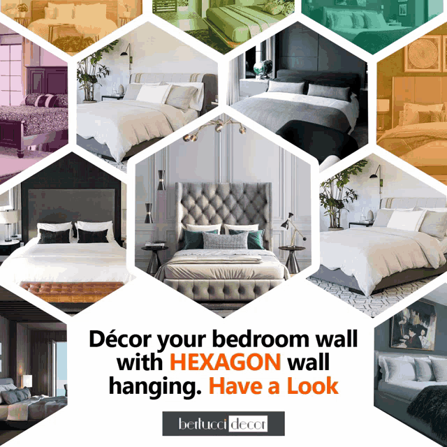 a collage of pictures of bedrooms with the words " decor your bedroom wall with hexagon wall hanging have a look "