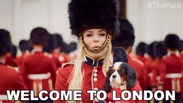 a woman in a military uniform is holding a small dog and the words welcome to london are below her