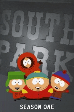 a poster for south park season one shows a group of cartoon characters standing next to each other