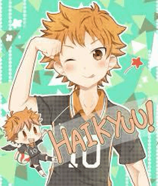 a cartoon of a boy with a volleyball and the word haikyuu on it .