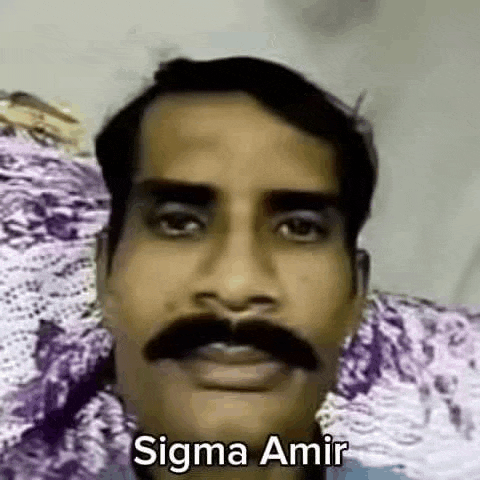 a man with a mustache is making a funny face and says `` sigma amir '' .