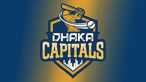 a logo for the dhaka capitals shows a man holding a bat and a ball