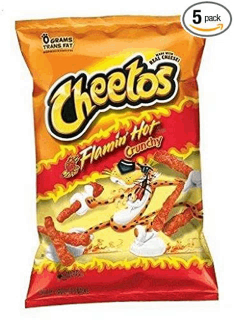 a bag of cheetos flamin hot crunchy chips is sitting on a table .