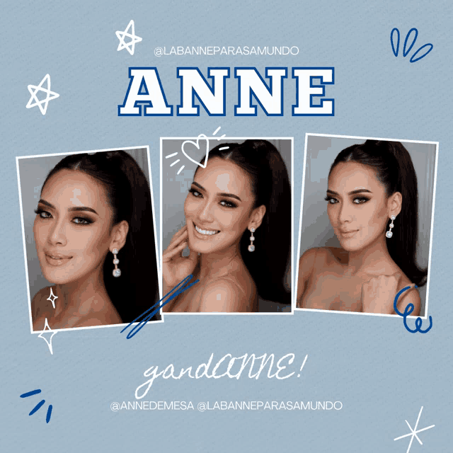 a collage of three photos of a woman with the name anne on it