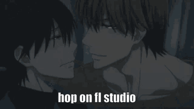 a picture of two men kissing with the caption " hop on fi studio "