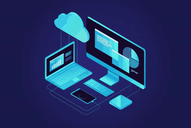 an isometric illustration of a computer laptop and phone