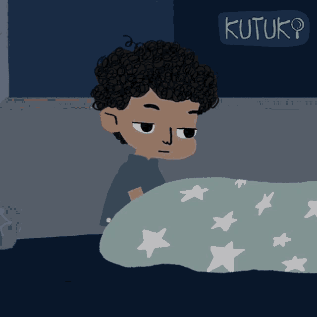 a cartoon of a boy laying in bed with a sign that says kutuk behind him