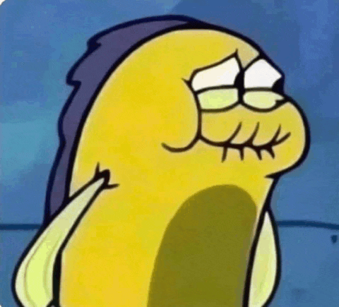 a cartoon character from spongebob squarepants is making a sad face with his eyes closed .