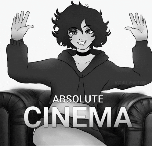 a black and white drawing of a girl sitting in a chair with the words absolute cinema below her