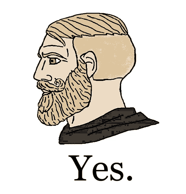 a drawing of a man with a beard and the word yes