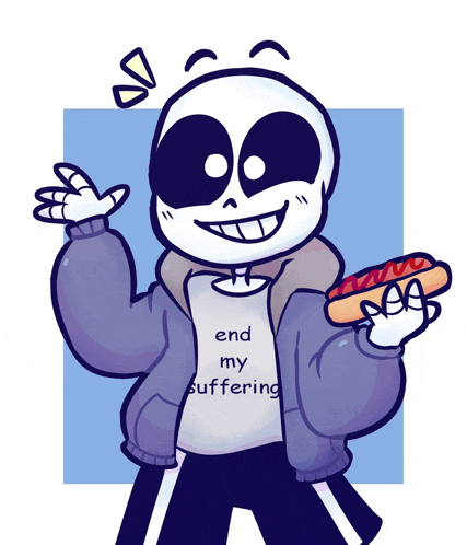 a cartoon drawing of a skeleton holding a hot dog that says end my suffering