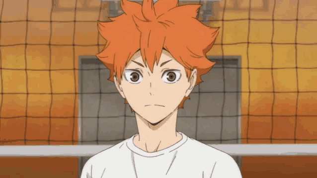 a cartoon character with orange hair and a white shirt stands in front of a volleyball net