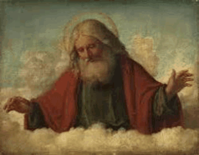 a painting of a man with a beard and a red robe sitting in the clouds .