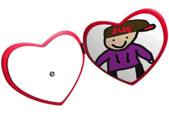 a red heart shaped mirror with a drawing of a boy with the word sus on his hat