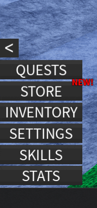 a screenshot of the quests store inventory settings and skills stats menu