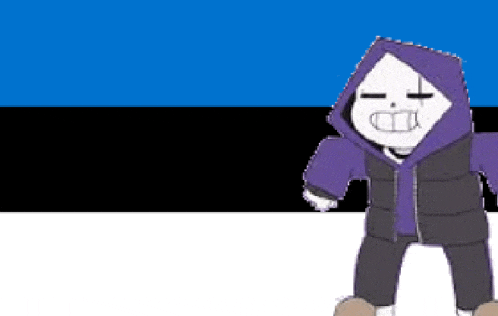 a cartoon character in a purple hoodie is standing in front of a flag .