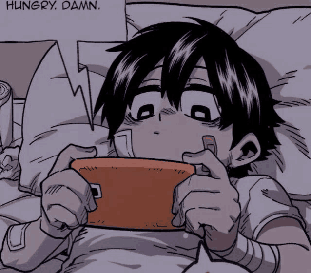 a cartoon of a boy laying in bed looking at a cell phone with a speech bubble that says hungry