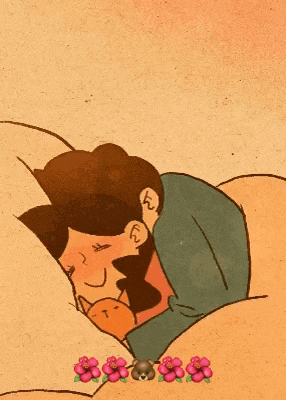 a cartoon drawing of a man sleeping with a cat and flowers in the background