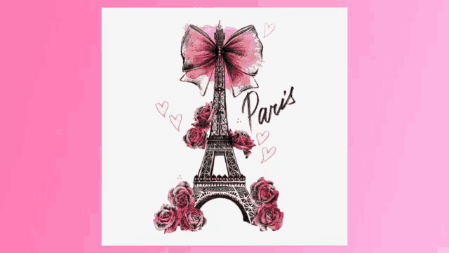 the eiffel tower is decorated with pink roses and a pink bow and the word paris is on the bottom