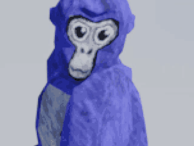 a blue gorilla with big eyes and a hood on