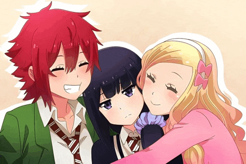 three anime characters are hugging each other and one of them has red hair