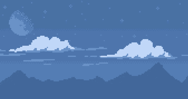 a pixel art of a night sky with clouds mountains and a moon