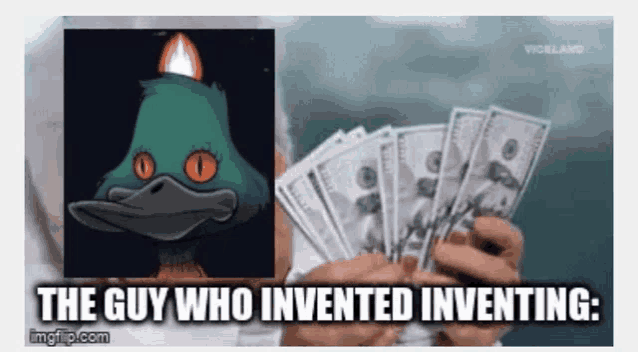 the guy who invented inventing is holding a bunch of money in his hands