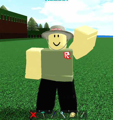 a roblox character wearing a hat and a shirt that says r on it