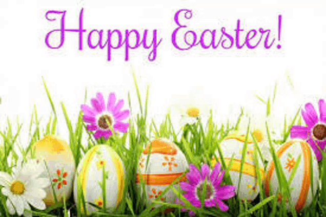 easter eggs are sitting in the grass with flowers and the words `` happy easter '' .