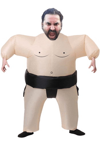 an inflatable sumo wrestler with a man 's face on his chest