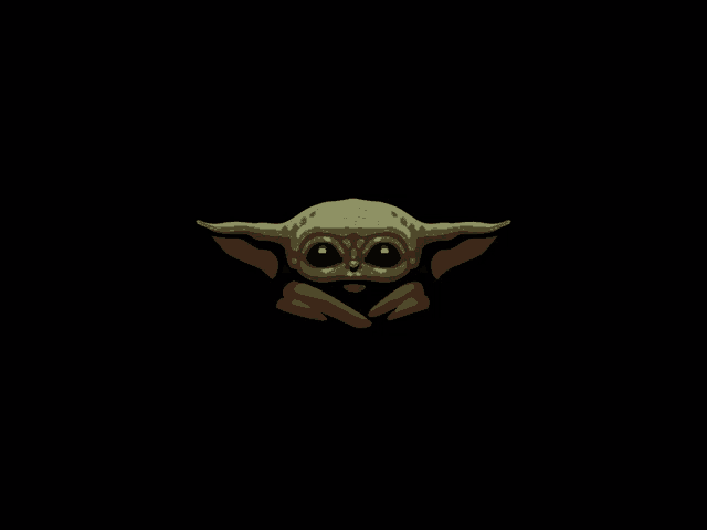 a cartoon drawing of a baby yoda with big eyes on a black background