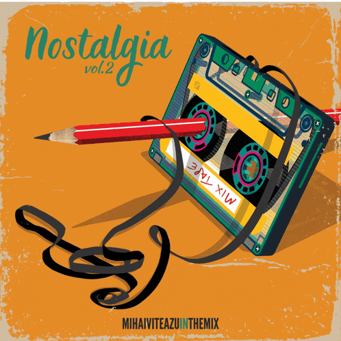 an illustration of a cassette tape with a pencil sticking out of it titled nostalgia vol 2