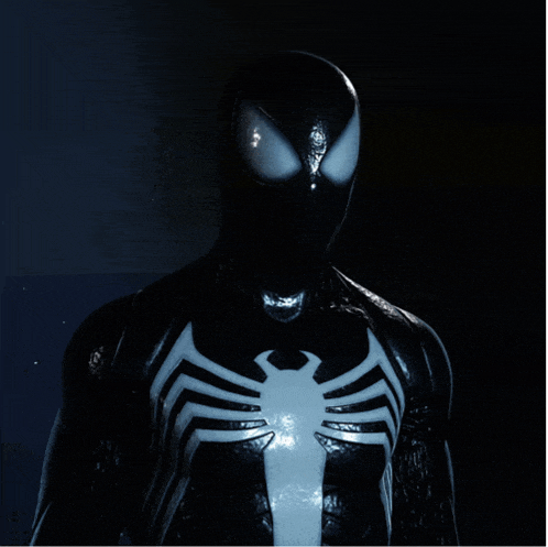 a close up of a black spider man costume