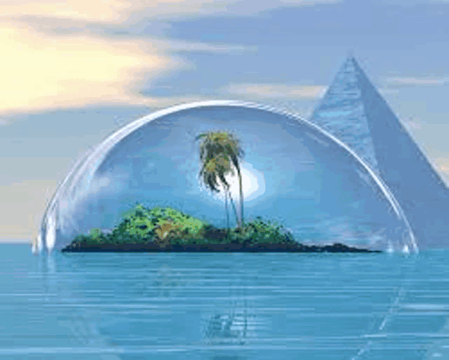 a small island in the middle of the ocean surrounded by water and a pyramid .