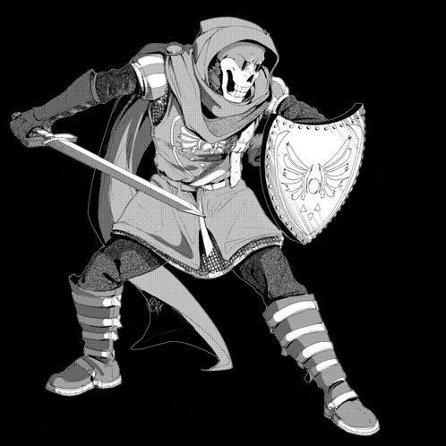 a black and white drawing of a skeleton holding a shield and sword