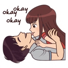 a cartoon of a man and woman kissing with the words okay okay written on the bottom .