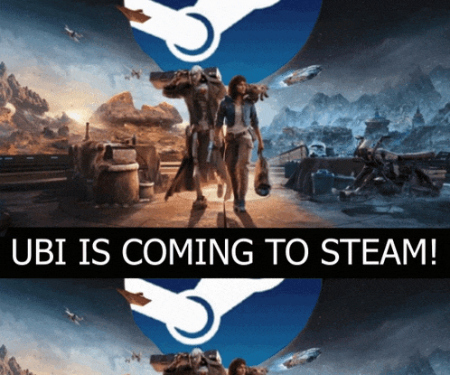 a poster for ubi is coming to steam with a picture of two people