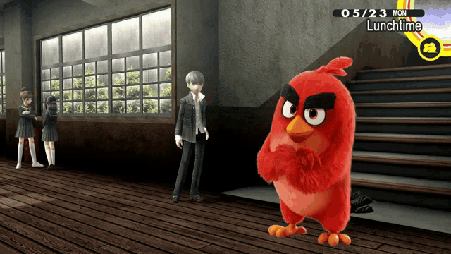 a red angry bird is standing in a hallway next to a boy and girl