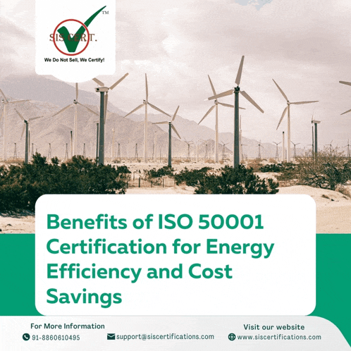 benefits of iso 50001 certification for energy efficiency and cost savings with a picture of windmills